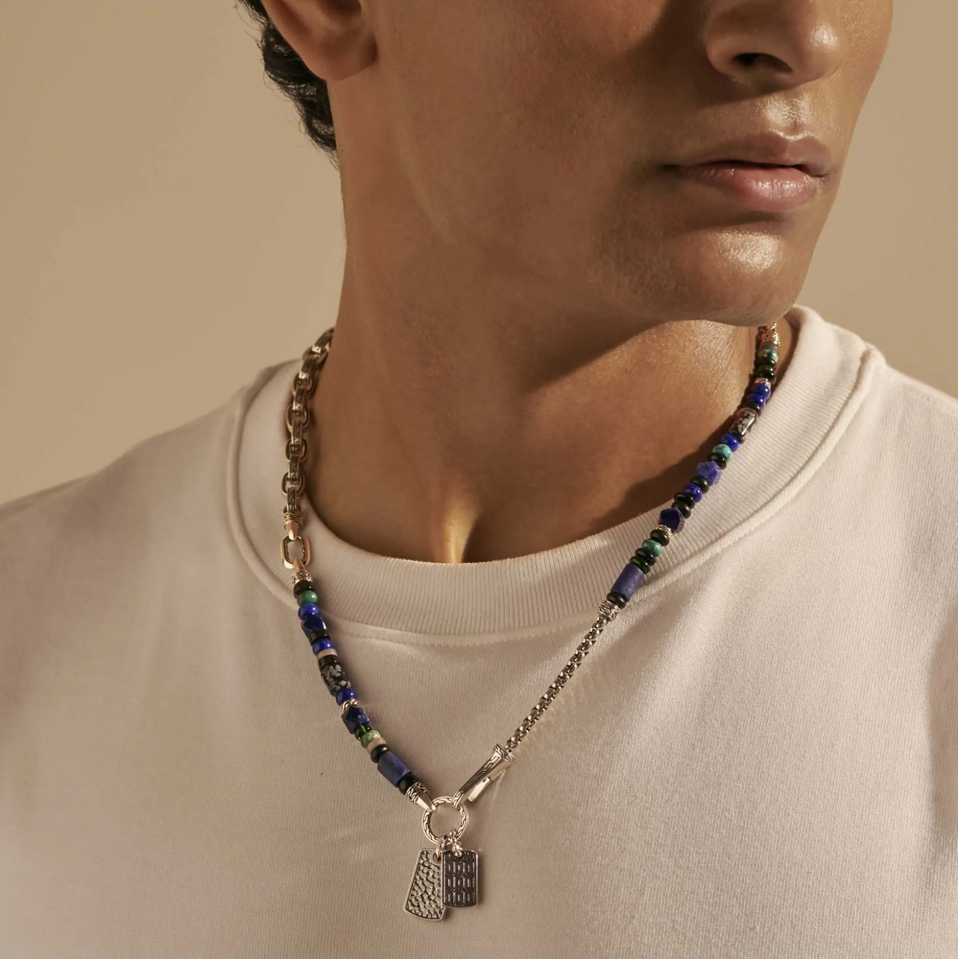 Men John Hardy Beads^Beaded Tag Necklace, Silver, Gemstones