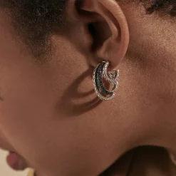 Women John Hardy Statement^Carved Chain Hoop Earring, Silver, Pave