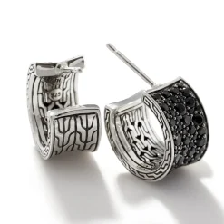 Women John Hardy Hoops^Carved Chain J Hoop Earring, Silver, Pave