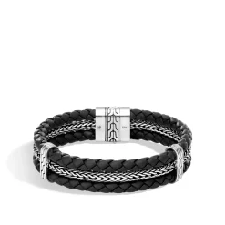Men John Hardy Leather, Cord & Rubber^Leather Triple Row Bracelet, Sterling Silver