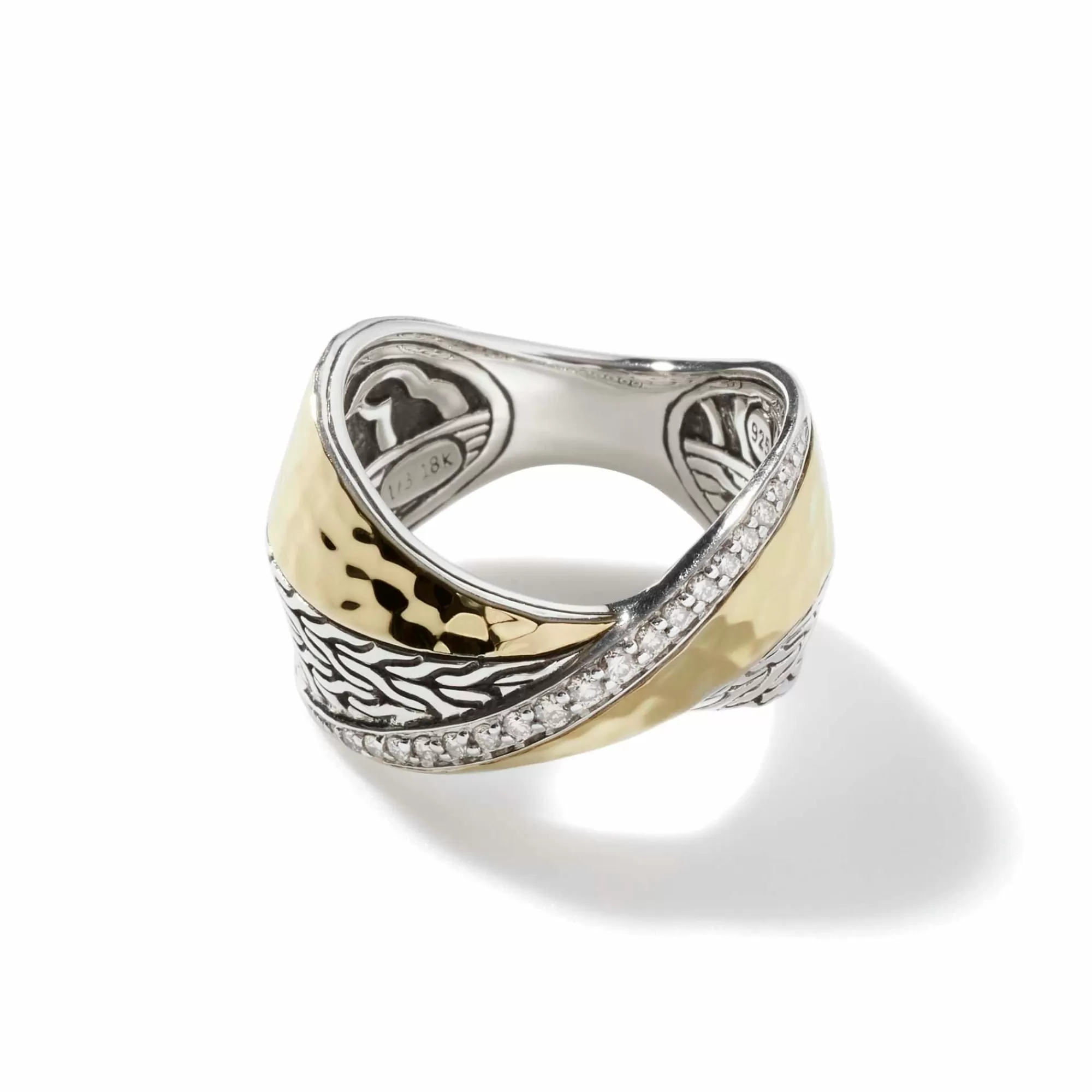 Statement^John Hardy Carved Chain Ring, Silver, Gold, Diamonds