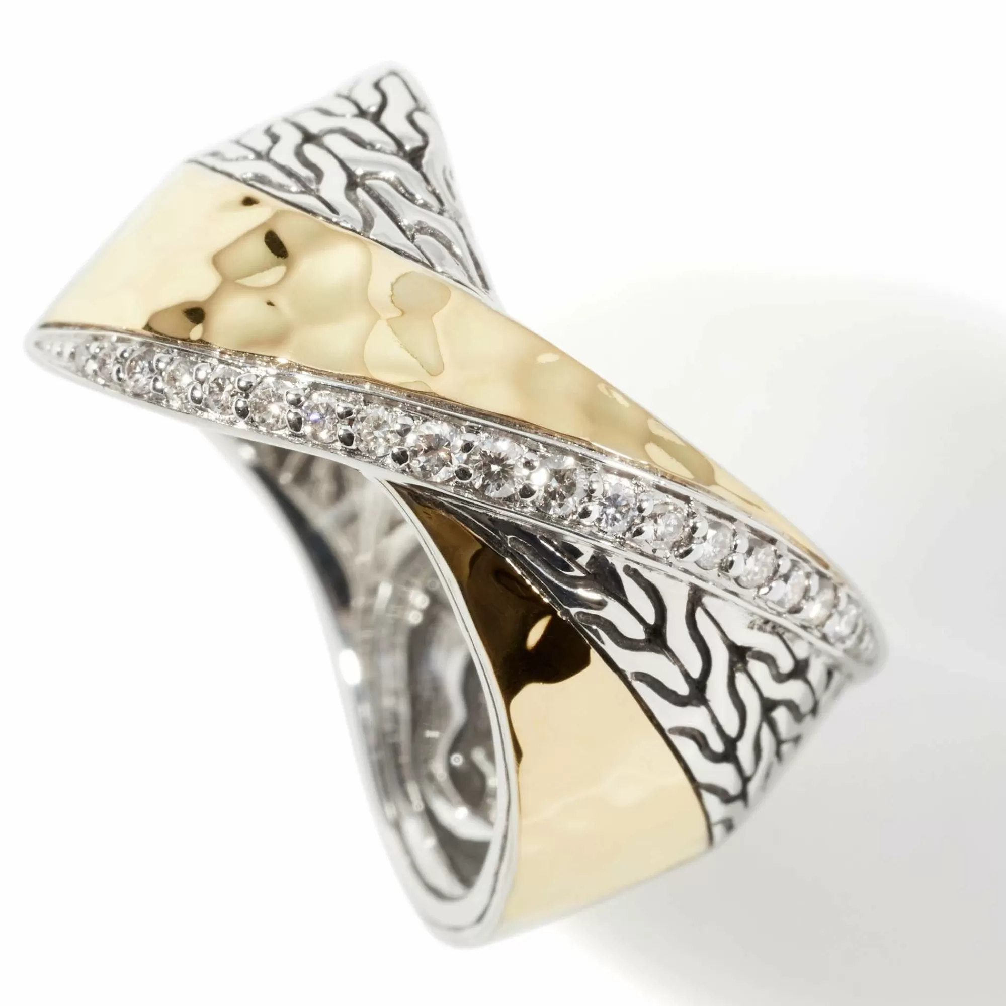 Statement^John Hardy Carved Chain Ring, Silver, Gold, Diamonds