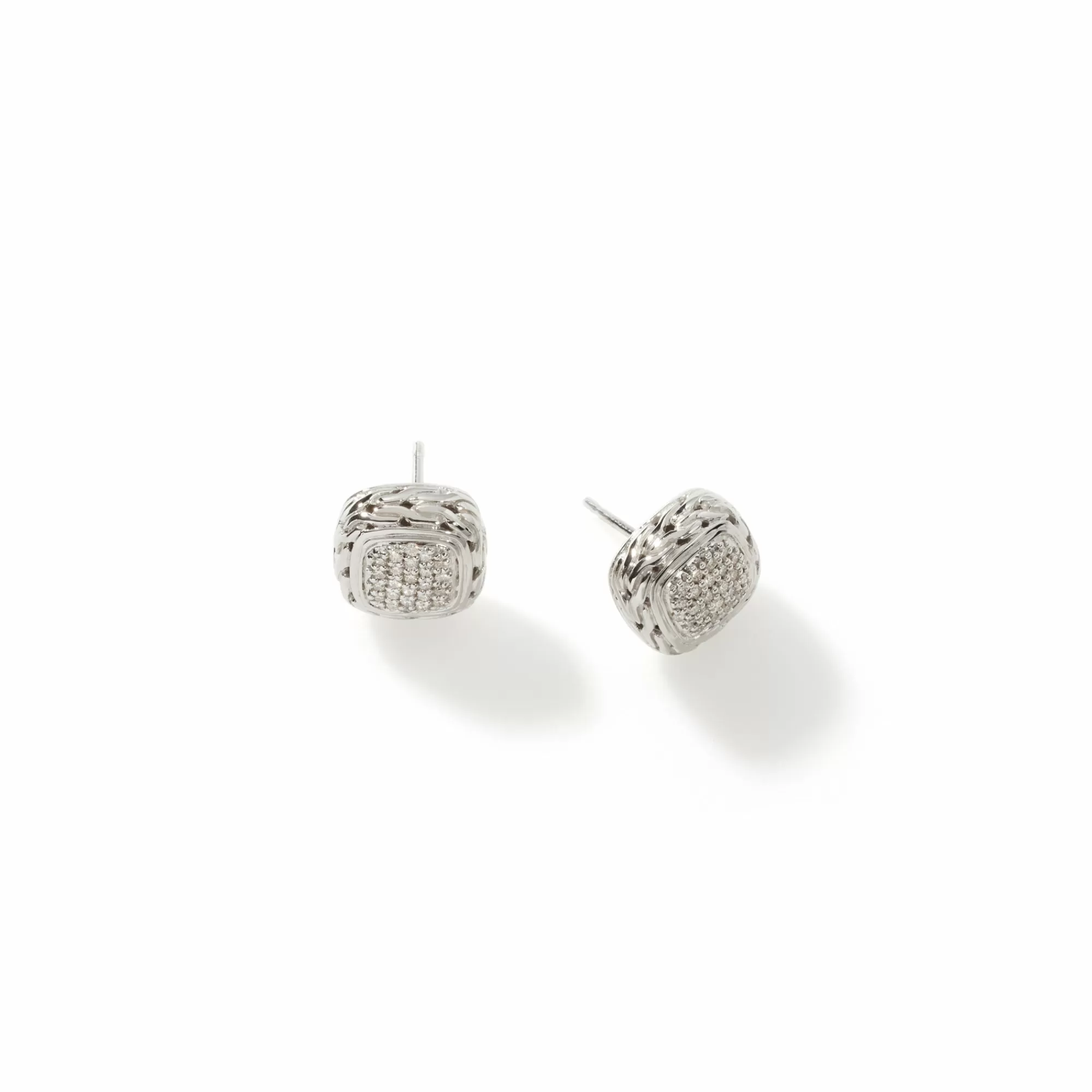 Studs^John Hardy Carved Chain Stud Earring, Silver, Diamonds