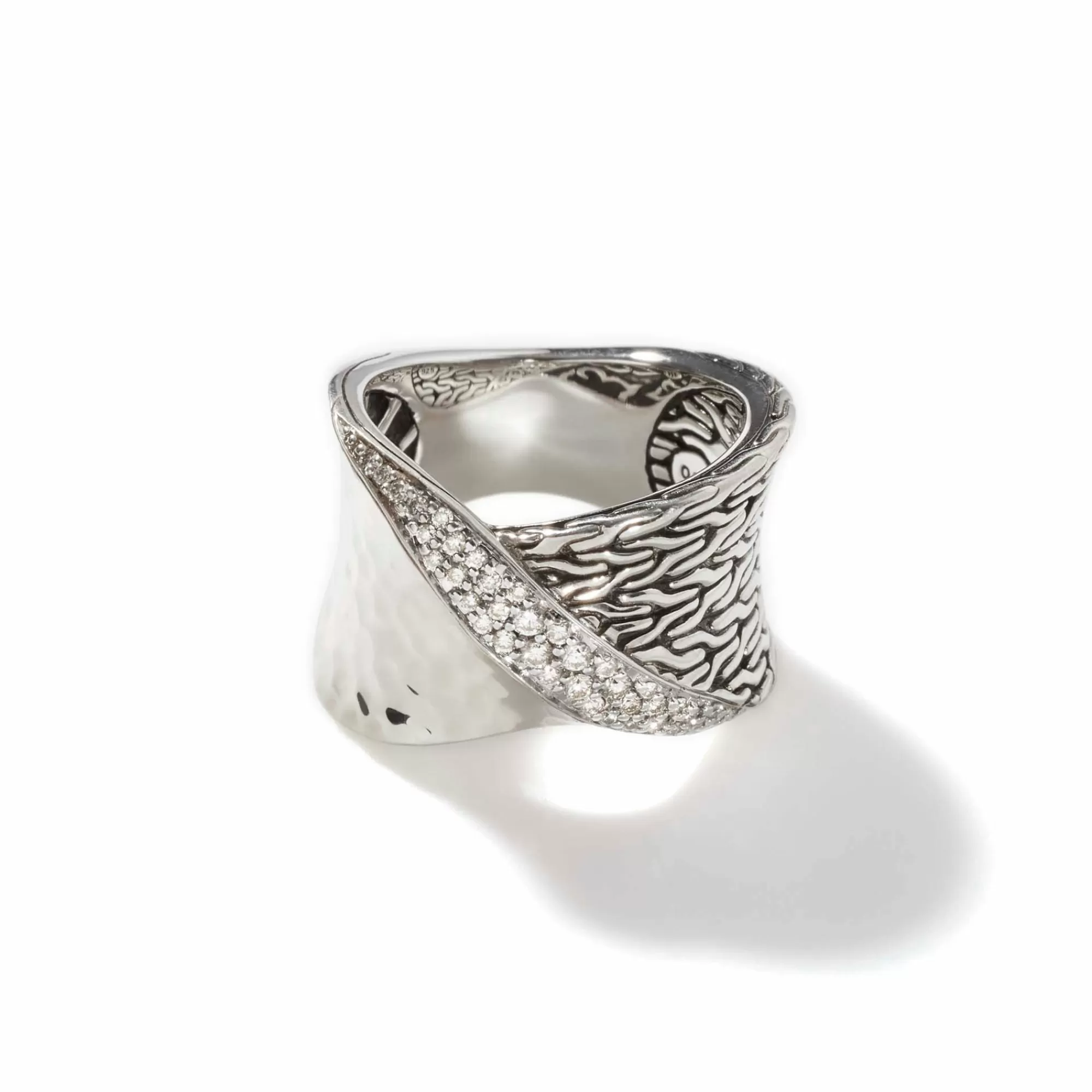 Statement^John Hardy Carved Chain Twisted Ring, Silver, Diamonds