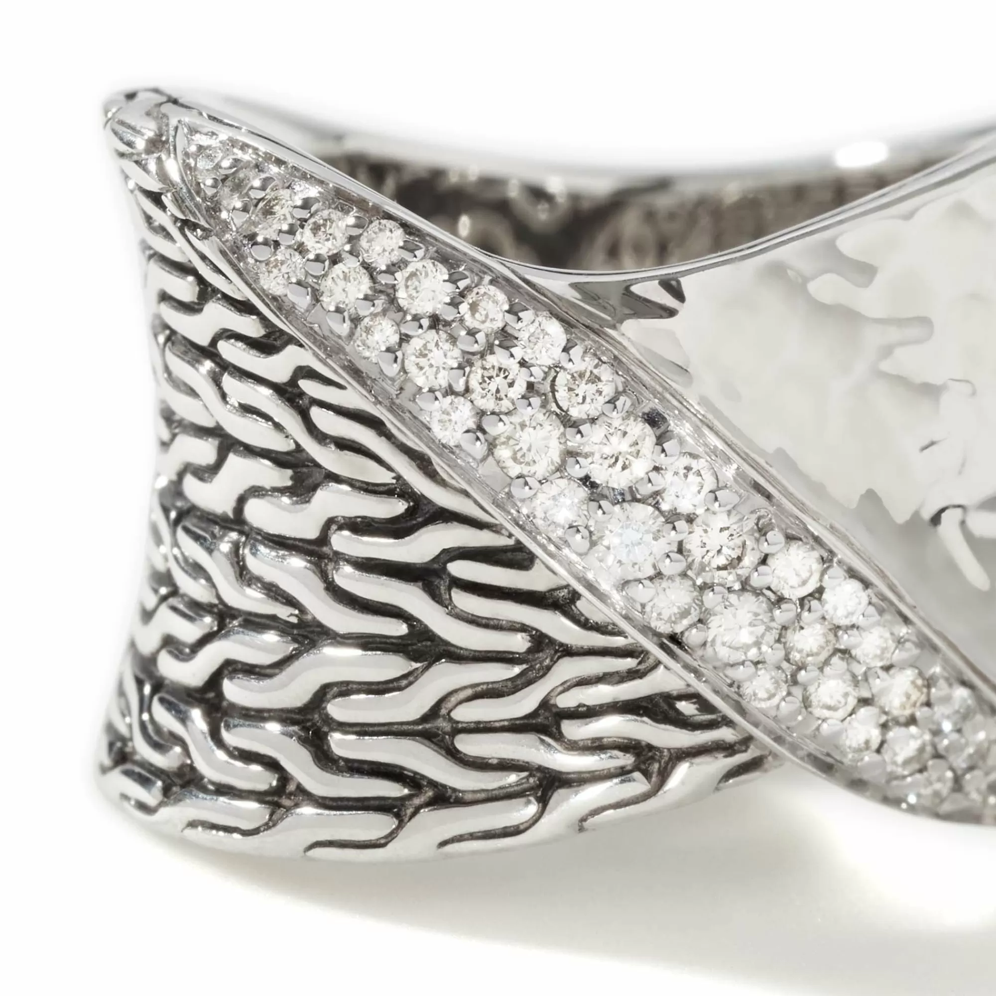 Statement^John Hardy Carved Chain Twisted Ring, Silver, Diamonds